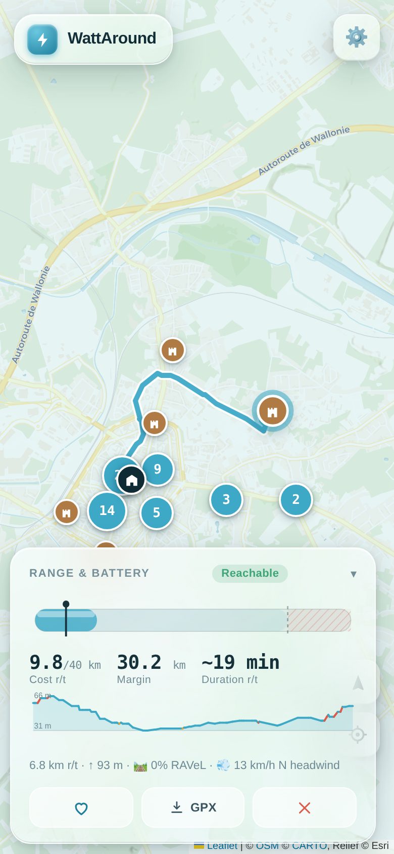 The WattAround app on a phone: a round trip drawn on the map, with the battery gauge, remaining margin and terrain profile